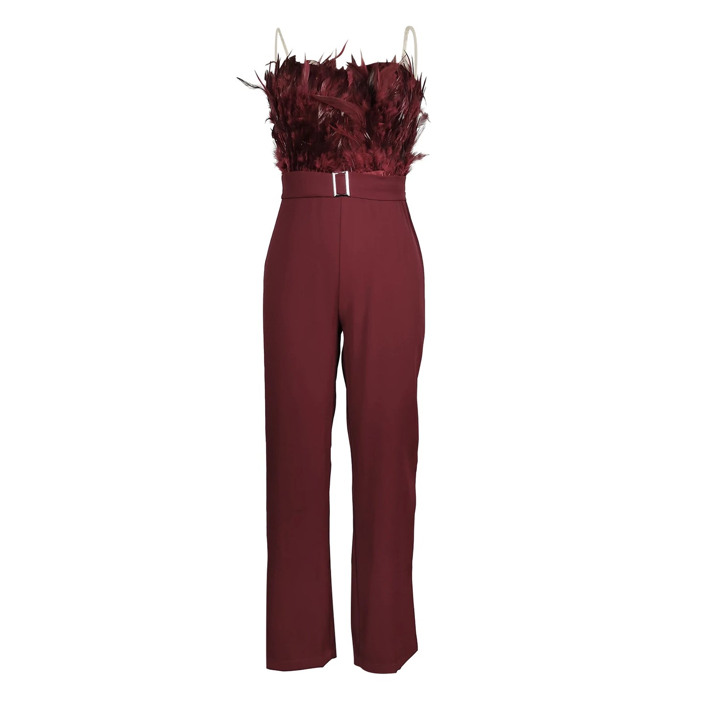 Elegant Jumpsuit Women Sleeveless Off Shoulder Plush Feather Belt Buckle Long Romper Chic High Waist Straight Leg Jumpsuit