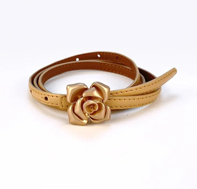 New Unique Rose Genuine Leather Gold Belt Women Fashion Cowskin Flower Thin Belts Female Jeans Dress Waistband