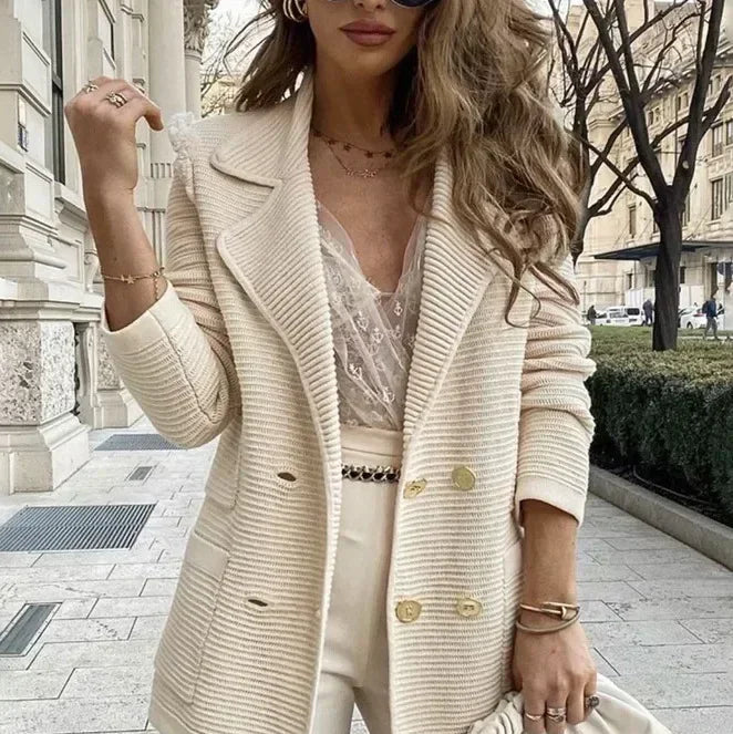 Women Double Breasted Button Solid Color Autumn Winter Blazer Jacket Fashion Casual Long Sleeve Coat Cardigan