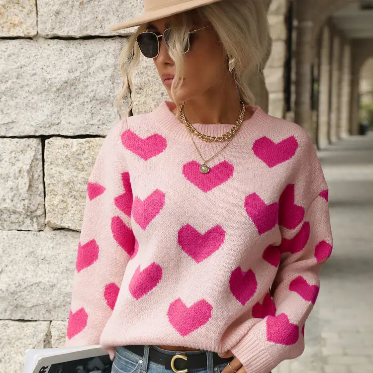 Sweet And Caring Women's Long Sleeved Sweater - Valentine's Day Casual Pink Sweater Round Neck