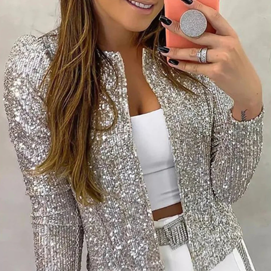 Women Glitter  Sequin Sparkle Jacket  Shiny Long Sleeve Zip Blazer