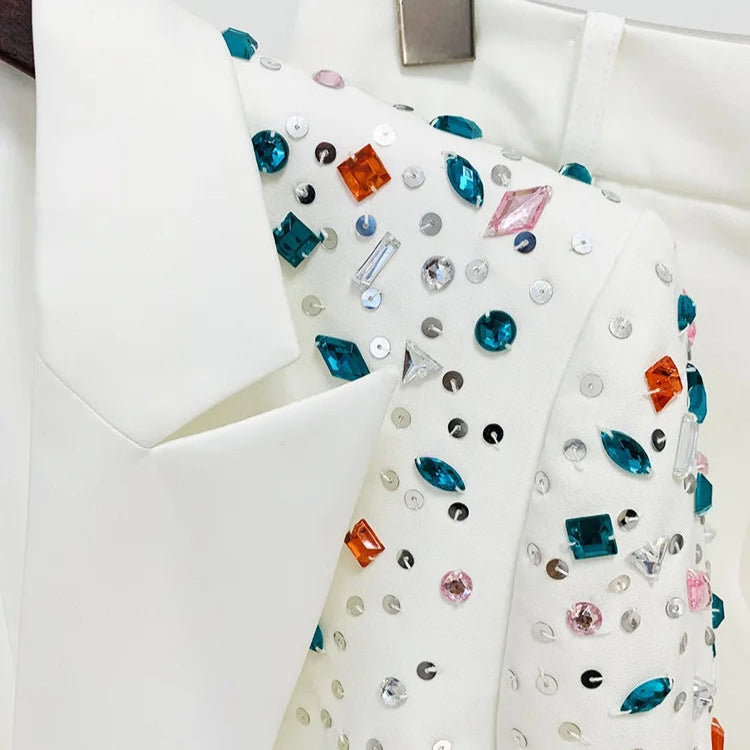 White PantSuits Women handmade Beading Color Diamond Sequined Elegant Two Piece Sets Flare Pants Trousers Set Punk Suit