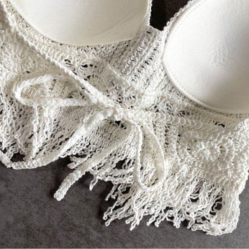 Sexy Boho Beach Holid Camisole Halter Crochet Knit Swimsuit Bra Backless Vest Hollow Tassel Tank Top Women's Crop Tops