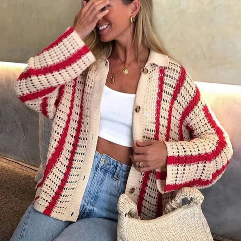 2-piece set of crochet striped shirts with V-neck, half sleeves, and wide-leg pants, summer beach vacation outfits
