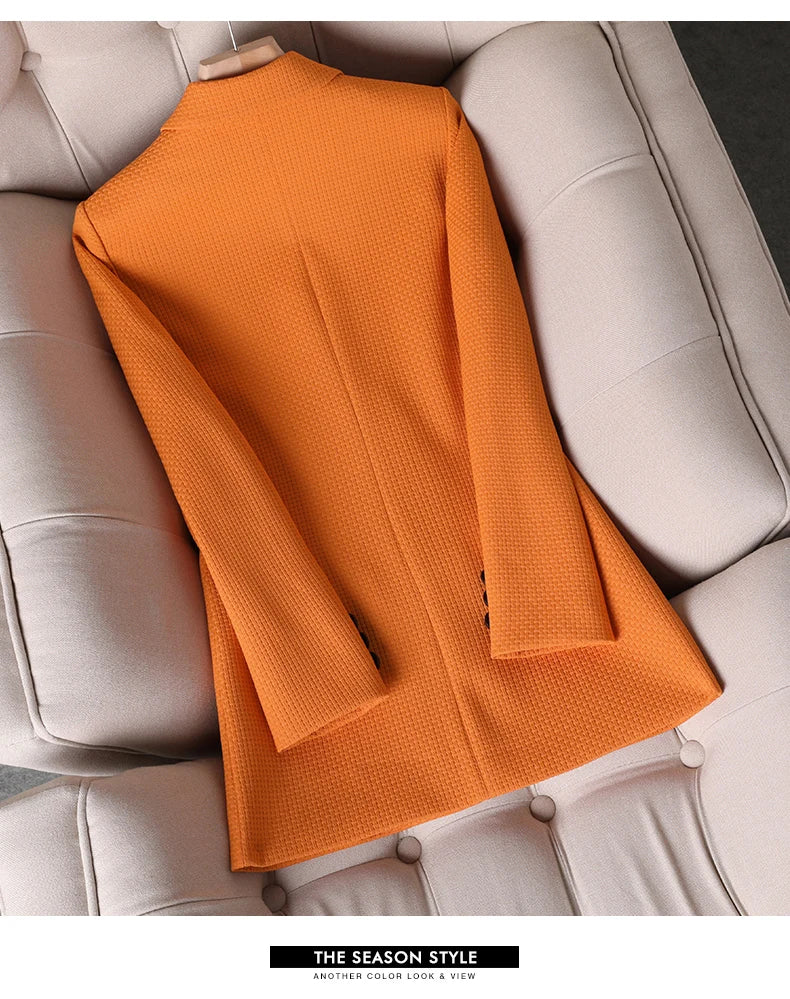 Formal Blazer Ladies Female Orange - Black - Green - Plaid Long Sleeve Single Breasted Work Wear Jacket Coat For Autumn Winter