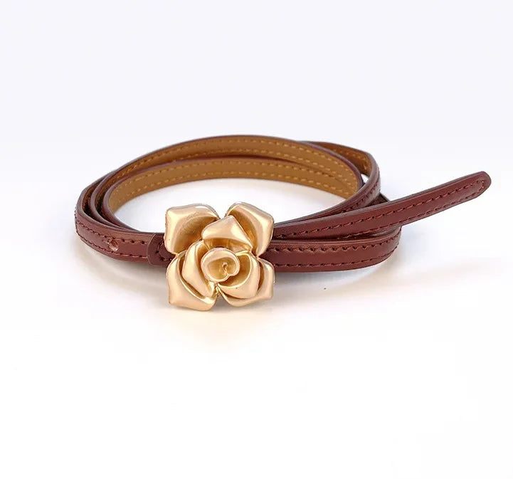 New Unique Rose Genuine Leather Gold Belt Women Fashion Cowskin Flower Thin Belts Female Jeans Dress Waistband