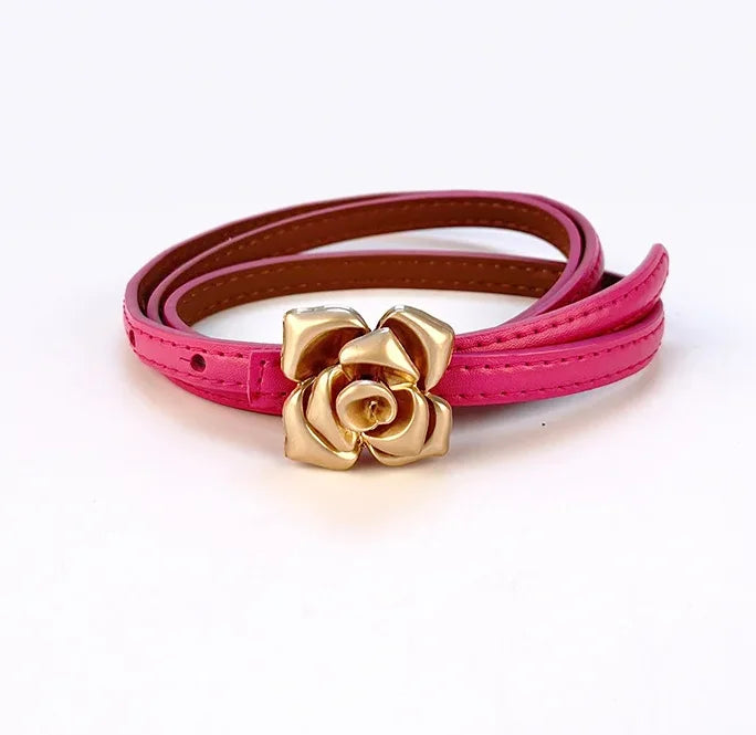 New Unique Rose Genuine Leather Gold Belt Women Fashion Cowskin Flower Thin Belts Female Jeans Dress Waistband