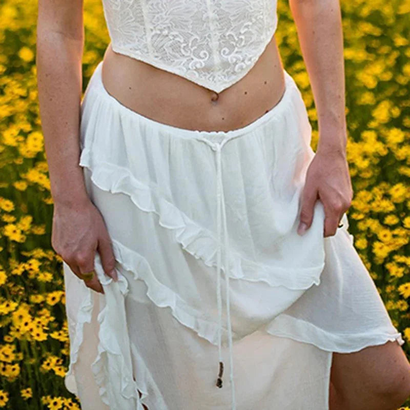 White Trim Midi Skirts - Split Low Waisted Tie Up Long Skirts - Summer French Skirts Holiday Beach