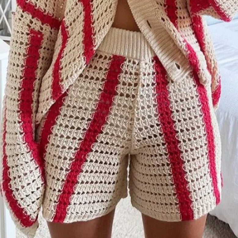 2-piece set of crochet striped shirts with V-neck, half sleeves, and wide-leg pants, summer beach vacation outfits