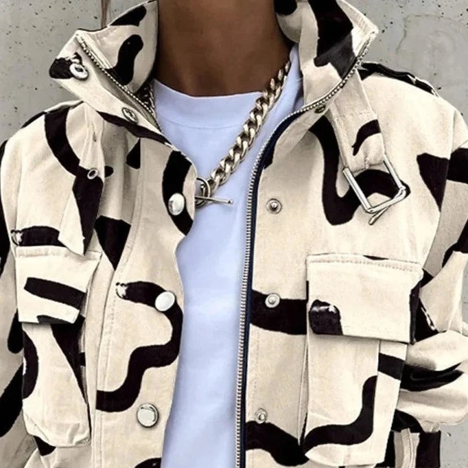 Geometric Jackets Top - Vintage Print Long Sleeve Button Jacket