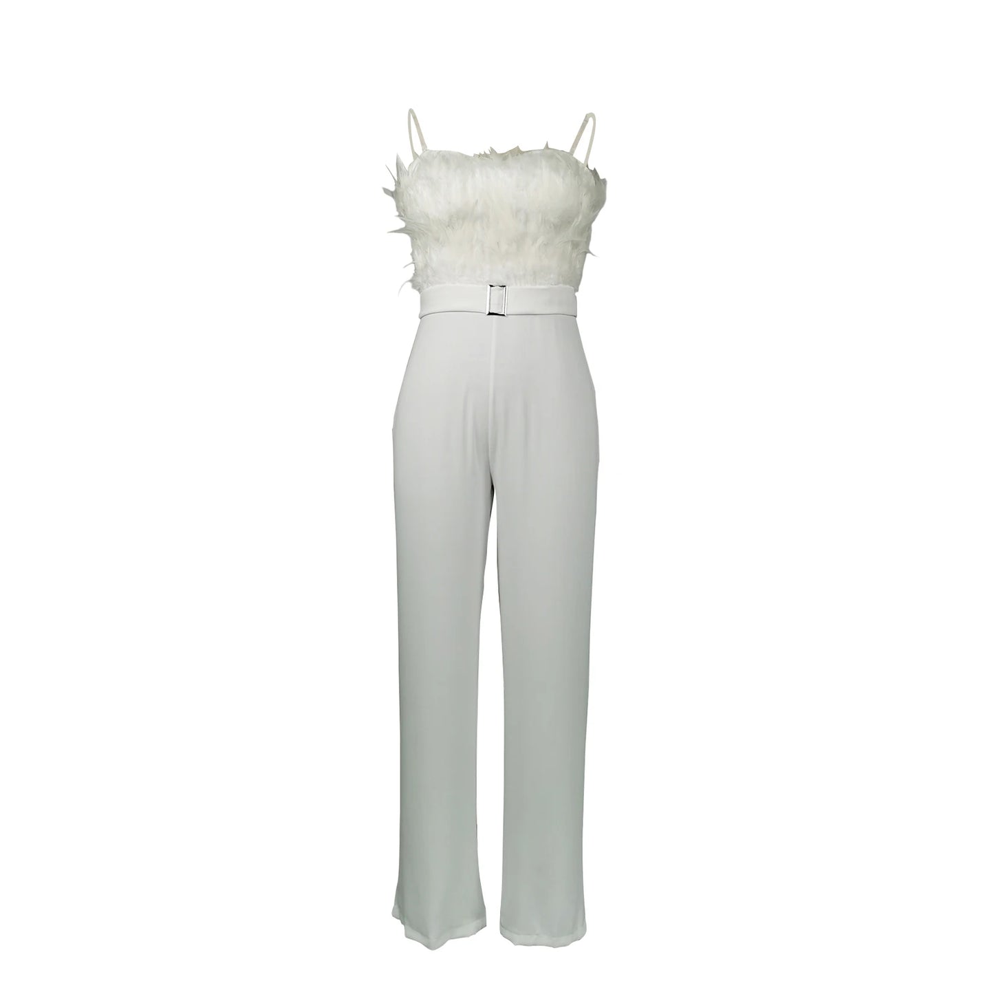 Elegant Jumpsuit Women Sleeveless Off Shoulder Plush Feather Belt Buckle Long Romper Chic High Waist Straight Leg Jumpsuit