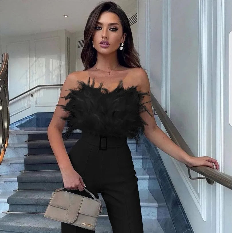 Elegant Jumpsuit Women Sleeveless Off Shoulder Plush Feather Belt Buckle Long Romper Chic High Waist Straight Leg Jumpsuit