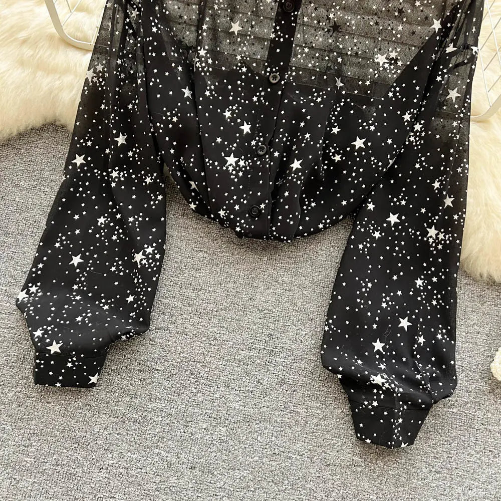 Sequins Lapel Shirt Women - Elegant Loose Long Sleeve Transparent Blose - Casual Shine Blouse