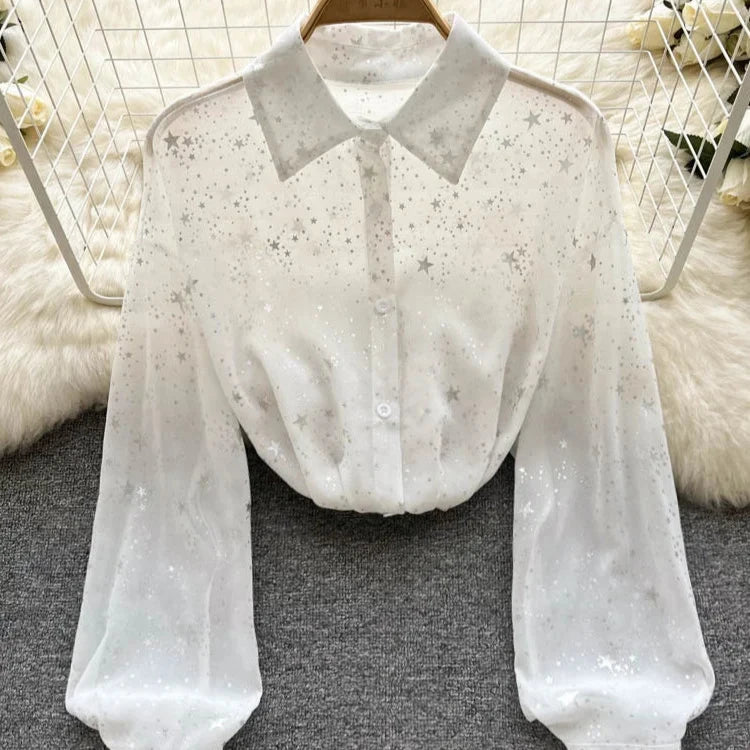 Sequins Lapel Shirt Women - Elegant Loose Long Sleeve Transparent Blose - Casual Shine Blouse