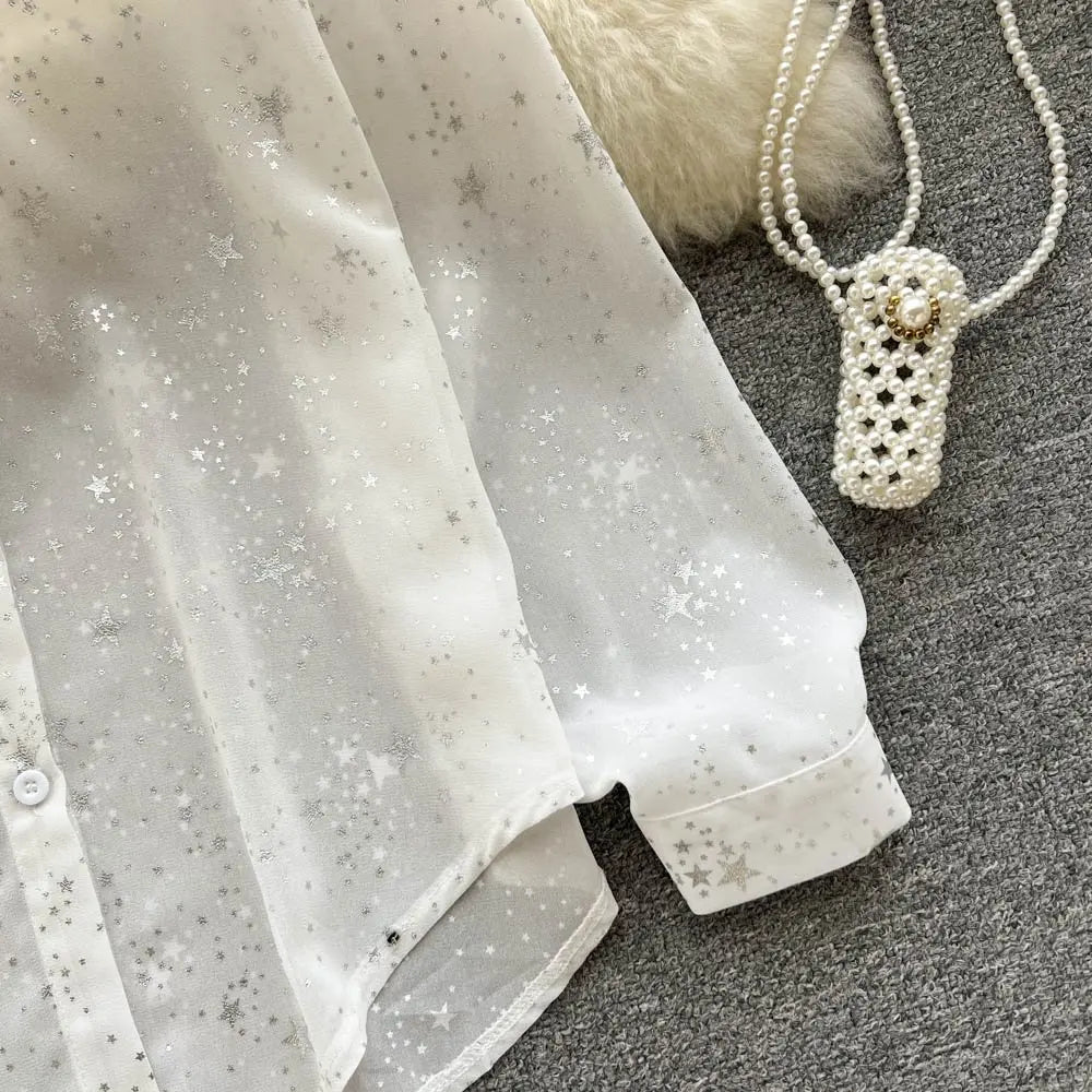 Sequins Lapel Shirt Women - Elegant Loose Long Sleeve Transparent Blose - Casual Shine Blouse