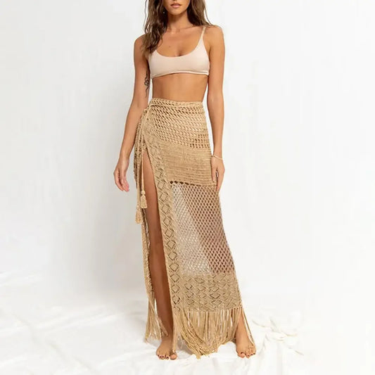 Bikini Knitted Cover Ups - Crochet Cutout High Waist Sarong Beach Skirt with Tassel