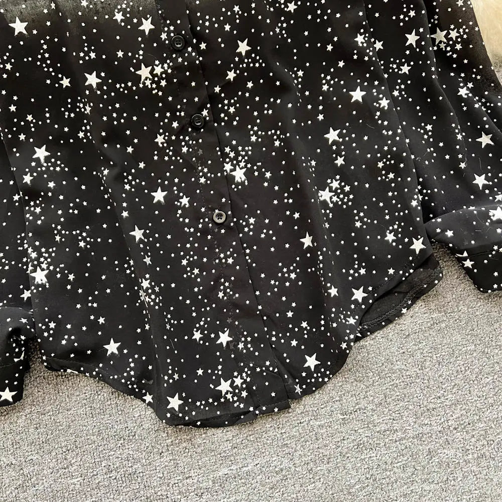 Sequins Lapel Shirt Women - Elegant Loose Long Sleeve Transparent Blose - Casual Shine Blouse