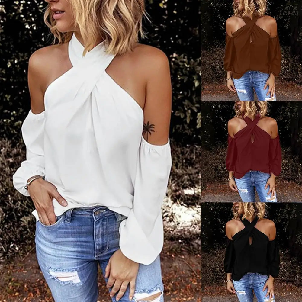 Halter Off Shoulder Shirt - Women Elegant Commuting Tops Fashion Casual V Neck Long Sleeve Blouses