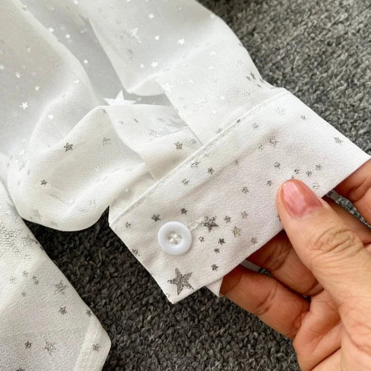 Sequins Lapel Shirt Women - Elegant Loose Long Sleeve Transparent Blose - Casual Shine Blouse