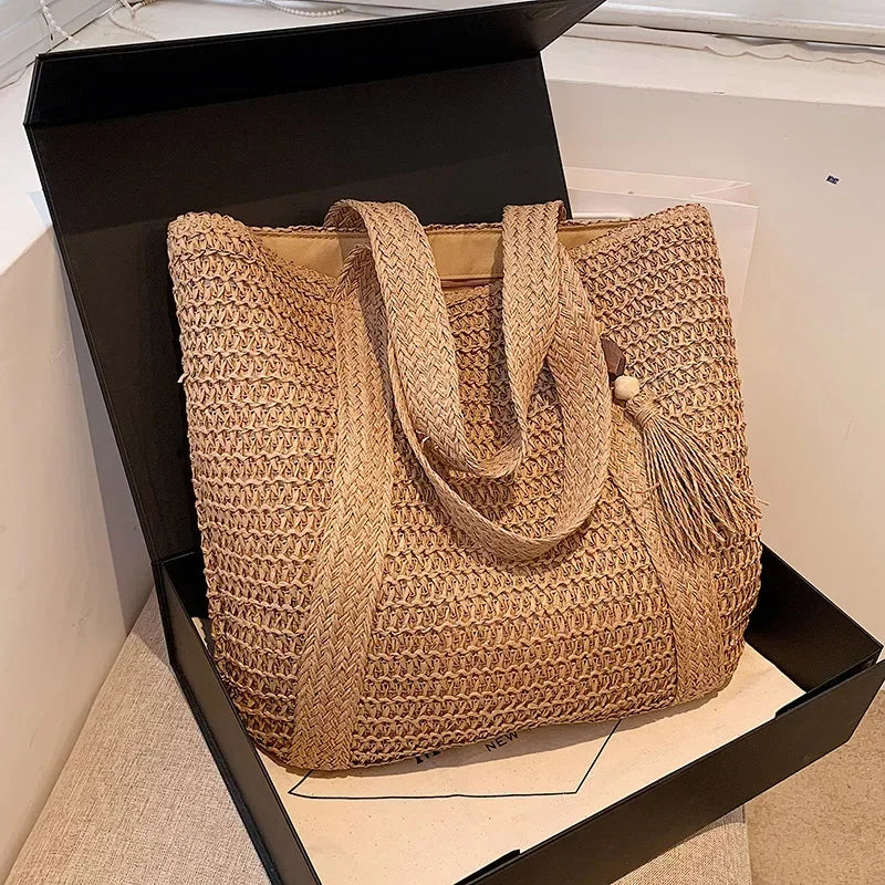 Elegant Ladies Straw Woven Handbag Women Holiday Beach Commute Casual Tote Top-Handle Bags Fashion Retro Shoulder Bags