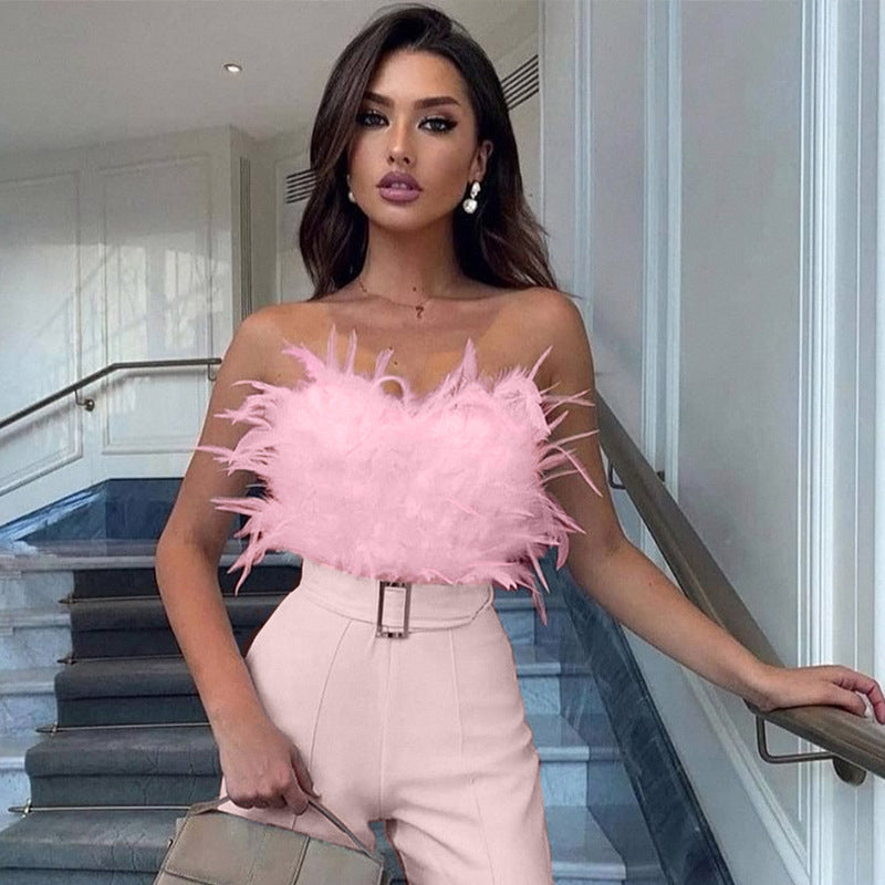 Elegant Jumpsuit Women Sleeveless Off Shoulder Plush Feather Belt Buckle Long Romper Chic High Waist Straight Leg Jumpsuit