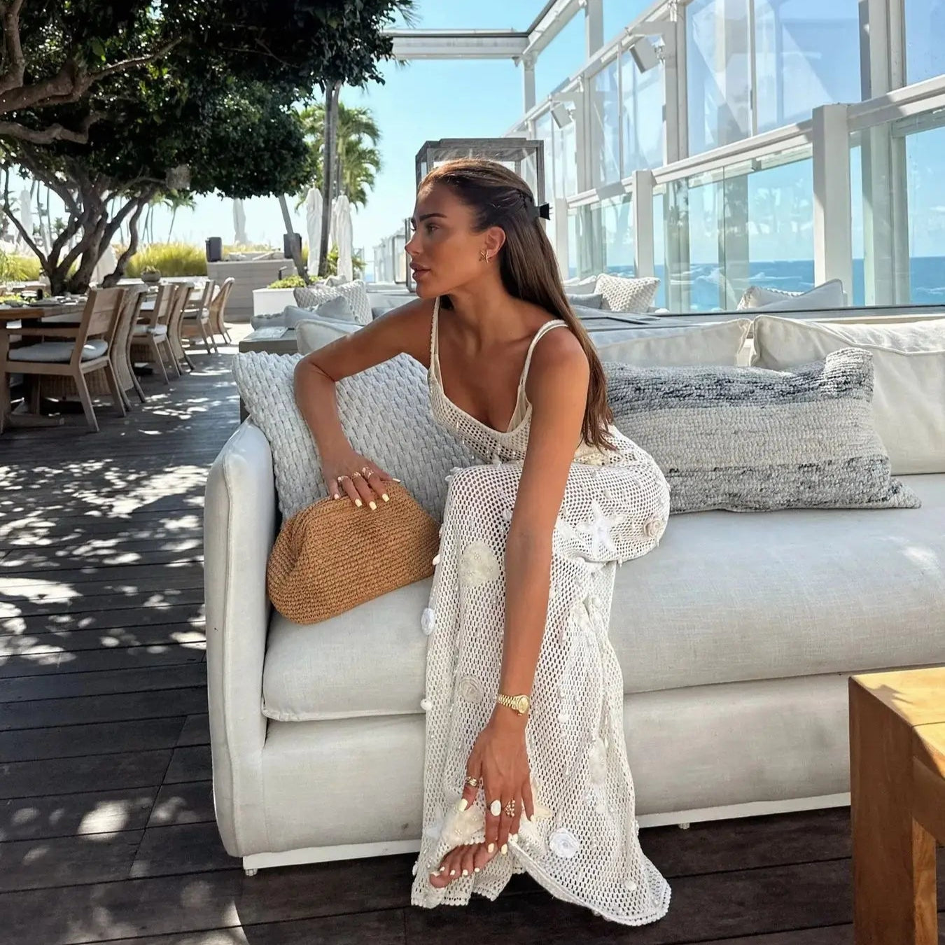 Sexy Women Pearl Maxi Dresses Sleeveless Cover Up 3D Knit Flower Dress Summer Party Evening