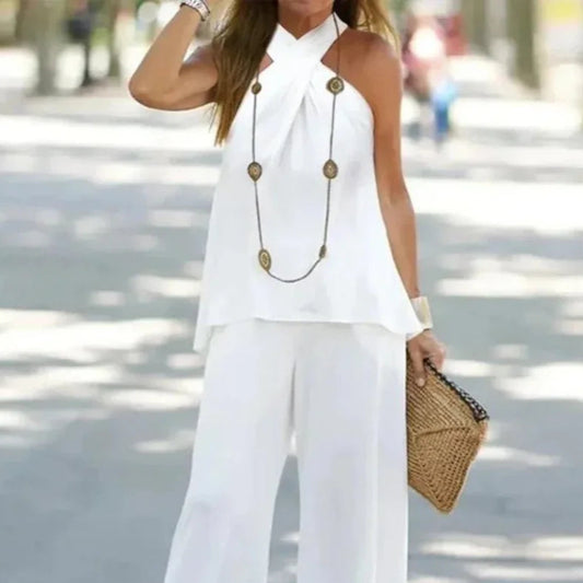 Two-Piece Set Halter Sleeveless V-Neck Top & High Waist Pants Set Casual Femme Fashion Loose Outfits for Woman
