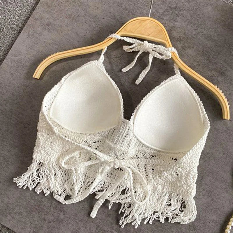 Sexy Boho Beach Holid Camisole Halter Crochet Knit Swimsuit Bra Backless Vest Hollow Tassel Tank Top Women's Crop Tops