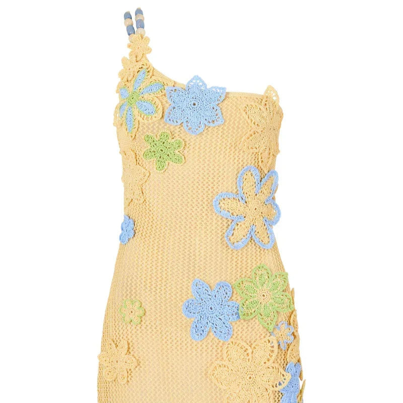Colorful Floral Knitted Mini Dress For Women Summer Hollow Out Crochet Beach Party Short Dresses