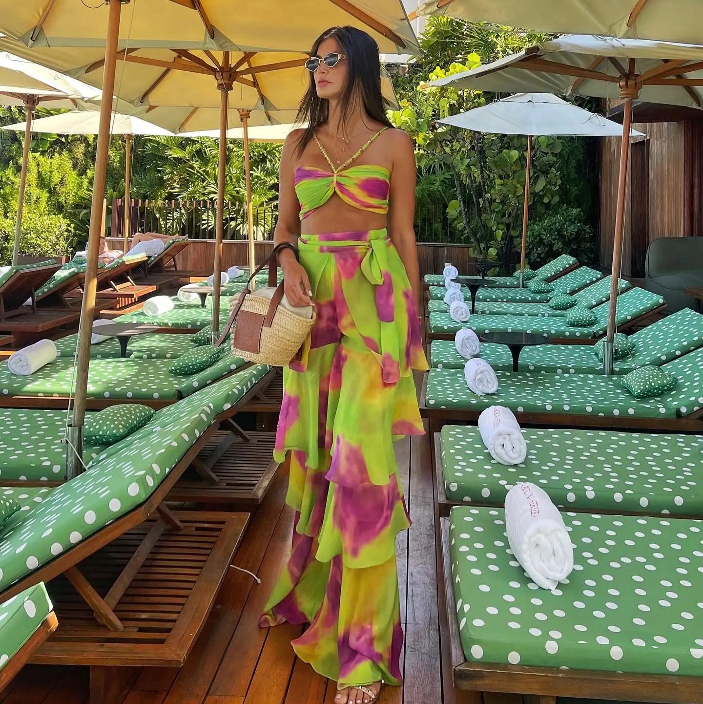 Sexy Print 3 Pics Women Bikini Set With Pants Pleated Bra High Waist Hollow Out Wide Leg Pants Suit Summer Beach Swimsuit