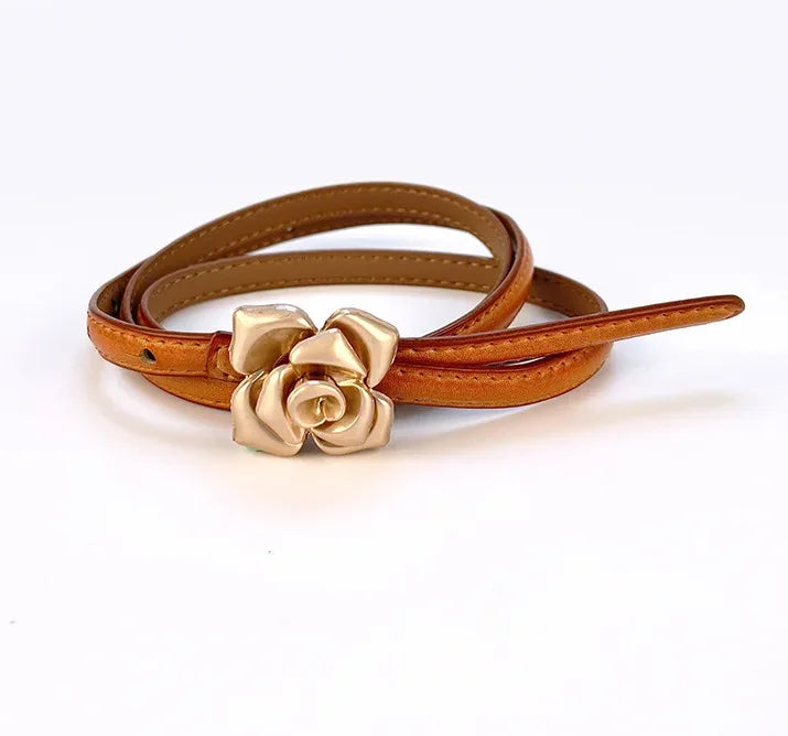 New Unique Rose Genuine Leather Gold Belt Women Fashion Cowskin Flower Thin Belts Female Jeans Dress Waistband