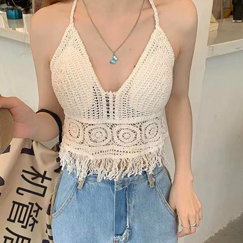 Sexy Boho Beach Holid Camisole Halter Crochet Knit Swimsuit Bra Backless Vest Hollow Tassel Tank Top Women's Crop Tops