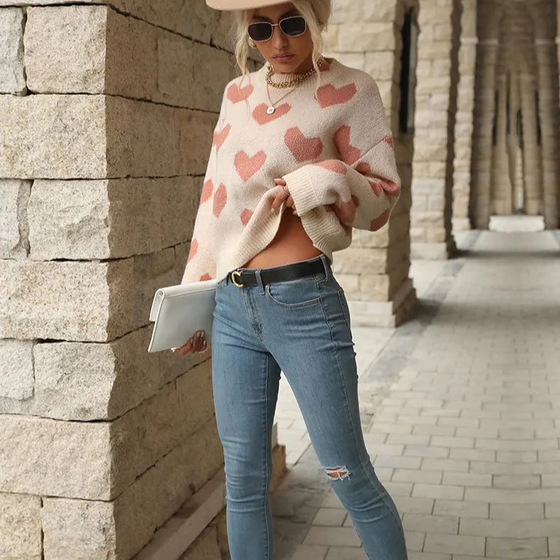 Sweet And Caring Women's Long Sleeved Sweater - Valentine's Day Casual Pink Sweater Round Neck