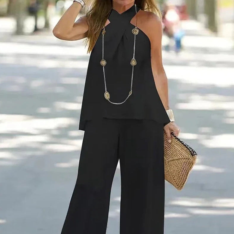 Two-Piece Set Halter Sleeveless V-Neck Top & High Waist Pants Set Casual Femme Fashion Loose Outfits for Woman