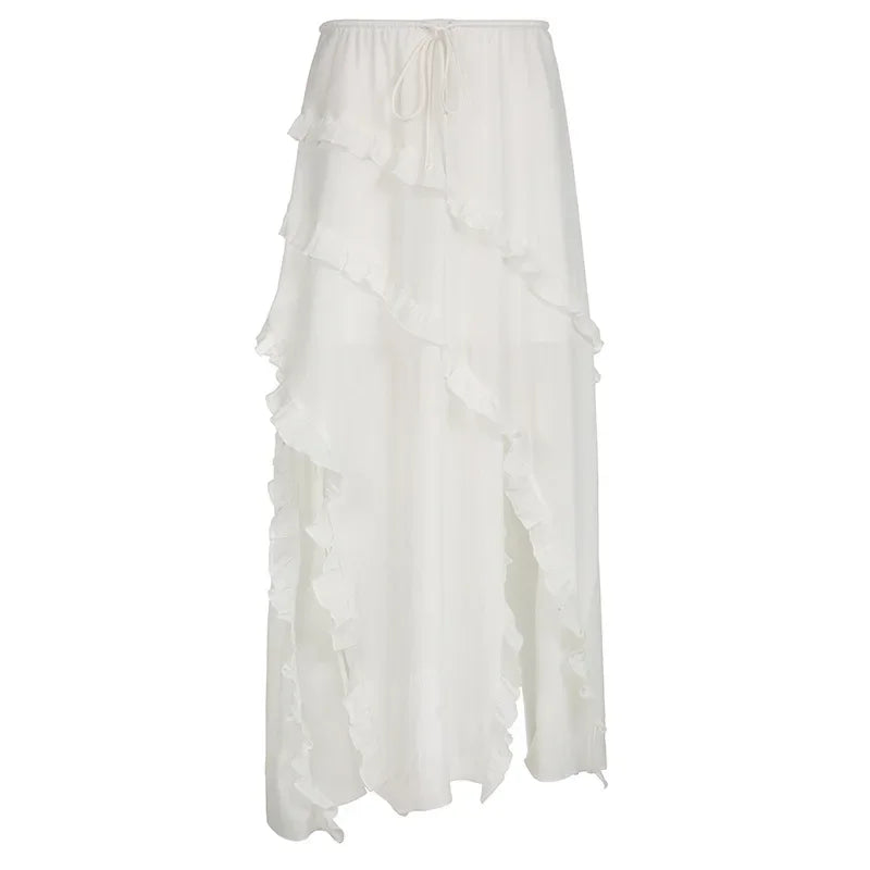 White Trim Midi Skirts - Split Low Waisted Tie Up Long Skirts - Summer French Skirts Holiday Beach