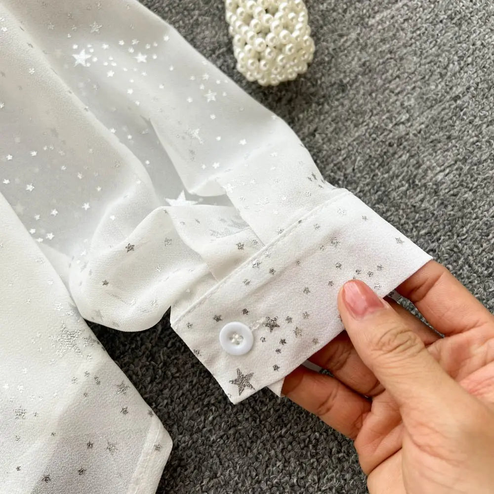 Sequins Lapel Shirt Women - Elegant Loose Long Sleeve Transparent Blose - Casual Shine Blouse