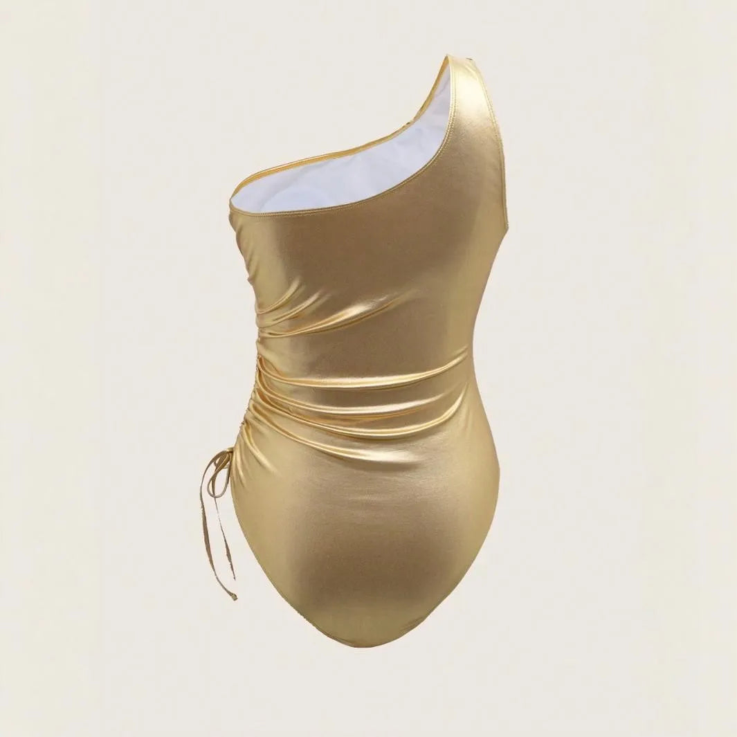 Metallic One Shoulder One Piece Swimsuit Sleeveless Wireless High Cut Summer Beach Monokini Gold