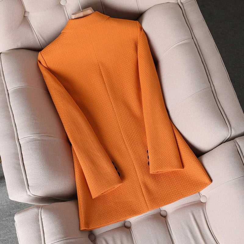 Formal Blazer Ladies Female Orange - Black - Green - Plaid Long Sleeve Single Breasted Work Wear Jacket Coat For Autumn Winter