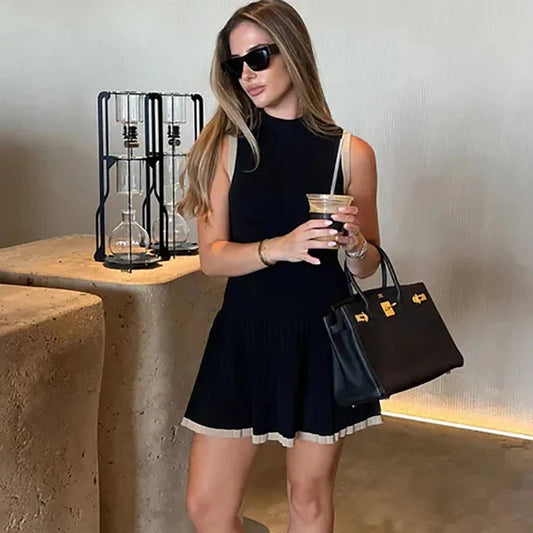 Knitted Sexy Round Neck Pleated Women Dress - White or Black Sleeveless High Waist Dress - Skinny Casual Sporty Dress