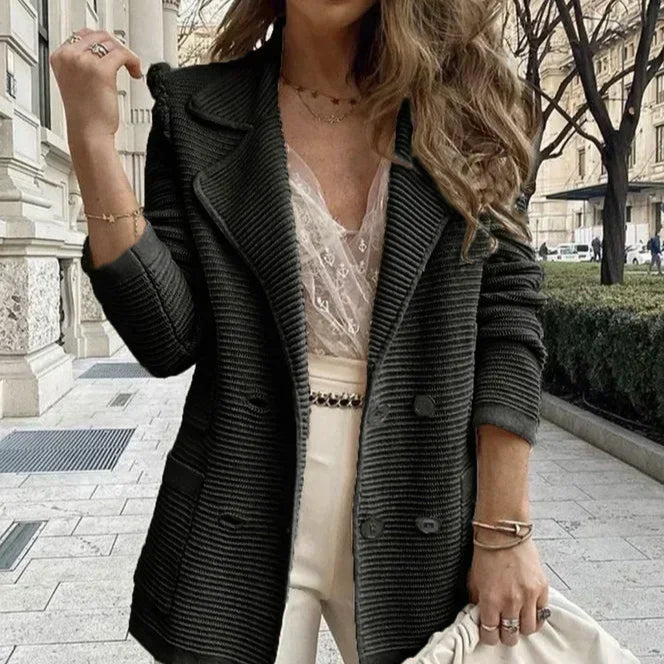 Women Double Breasted Button Solid Color Autumn Winter Blazer Jacket Fashion Casual Long Sleeve Coat Cardigan