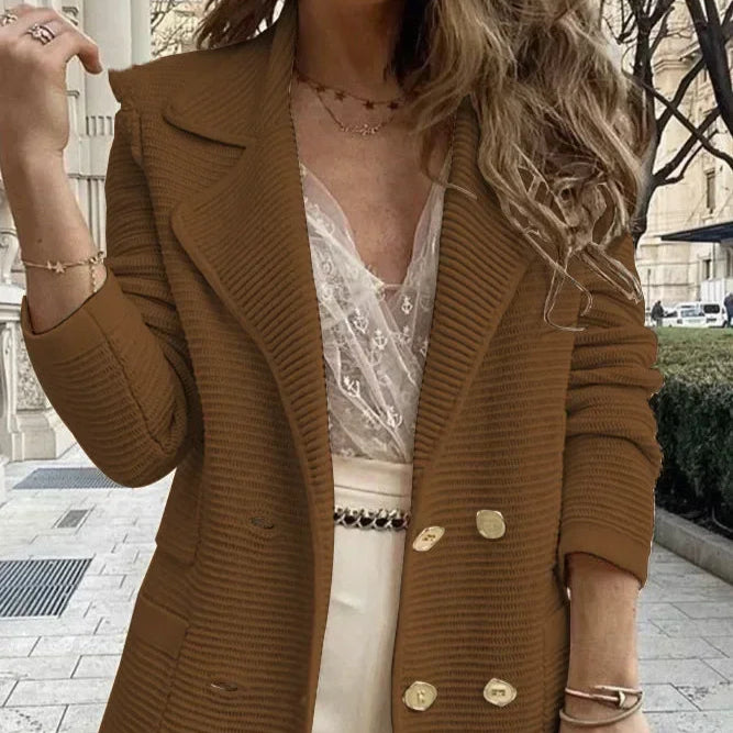 Women Double Breasted Button Solid Color Autumn Winter Blazer Jacket Fashion Casual Long Sleeve Coat Cardigan