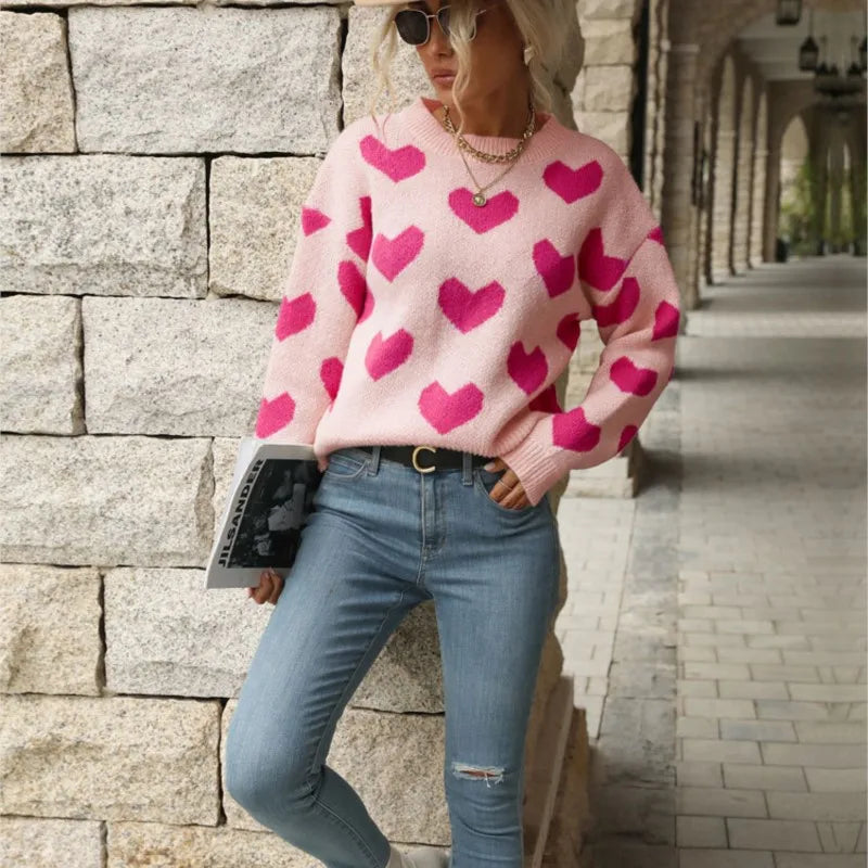 Sweet And Caring Women's Long Sleeved Sweater - Valentine's Day Casual Pink Sweater Round Neck