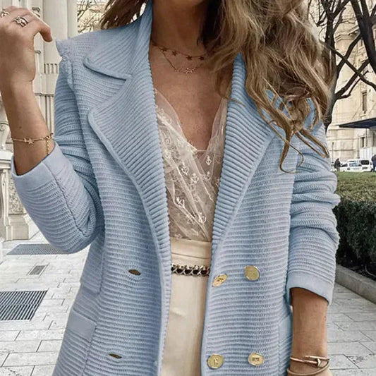 Women Double Breasted Button Solid Color Autumn Winter Blazer Jacket Fashion Casual Long Sleeve Coat Cardigan