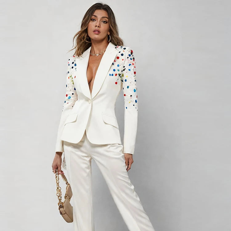 White PantSuits Women handmade Beading Color Diamond Sequined Elegant Two Piece Sets Flare Pants Trousers Set Punk Suit