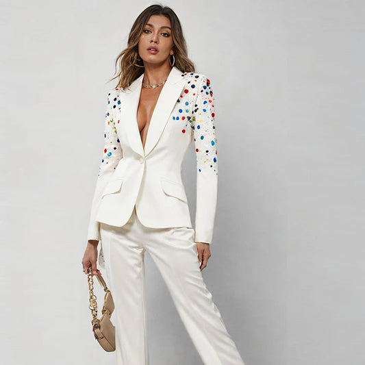 White PantSuits Women handmade Beading Color Diamond Sequined Elegant Two Piece Sets Flare Pants Trousers Set Punk Suit