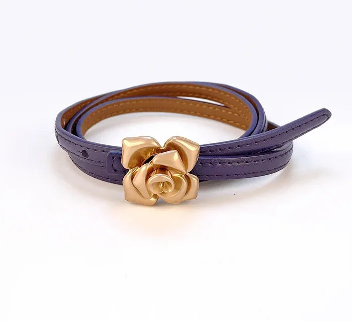 New Unique Rose Genuine Leather Gold Belt Women Fashion Cowskin Flower Thin Belts Female Jeans Dress Waistband