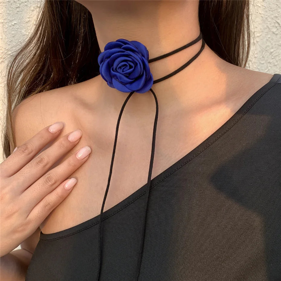 Romantic Gothic Big Rose Flower Clavicle Chain Necklace for Women Ladies Korean Fashion Adjustable Rope Choker