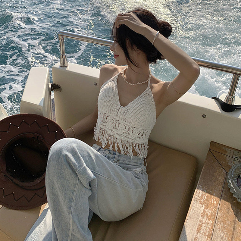 Sexy Boho Beach Holid Camisole Halter Crochet Knit Swimsuit Bra Backless Vest Hollow Tassel Tank Top Women's Crop Tops