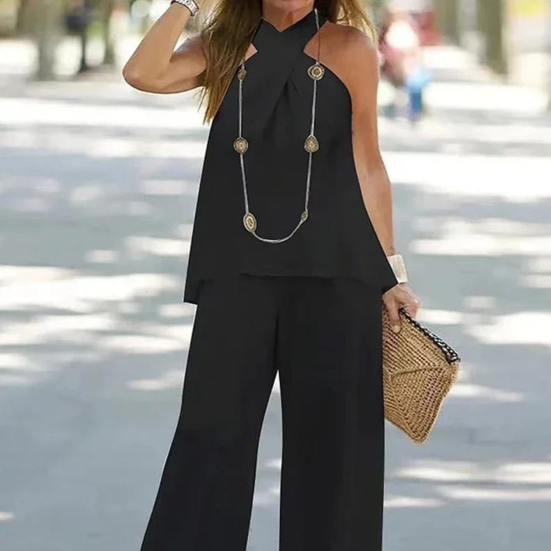 Two-Piece Set Halter Sleeveless V-Neck Top & High Waist Pants Set Casual Femme Fashion Loose Outfits for Woman