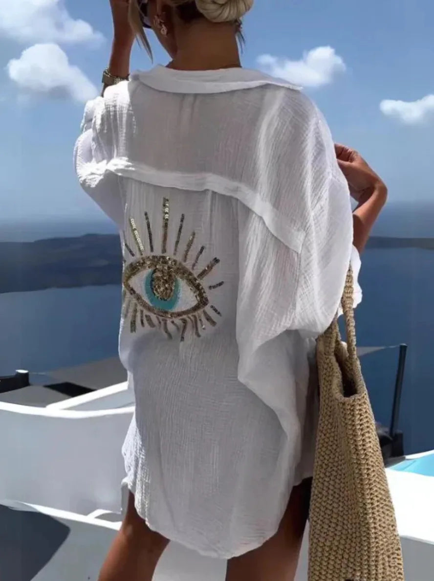 Casual Sequin Eye Shirt Dresses - Beach Style Loose Button Sun Protection - Cotton Linen Shirt Dress